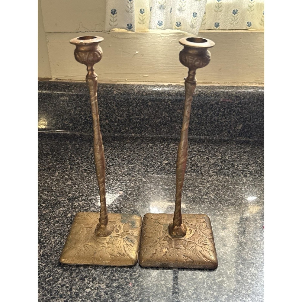 Antique Arts& Crafts Bronze Marshall Fields Tall Desk Set Candlesticks Pair‎